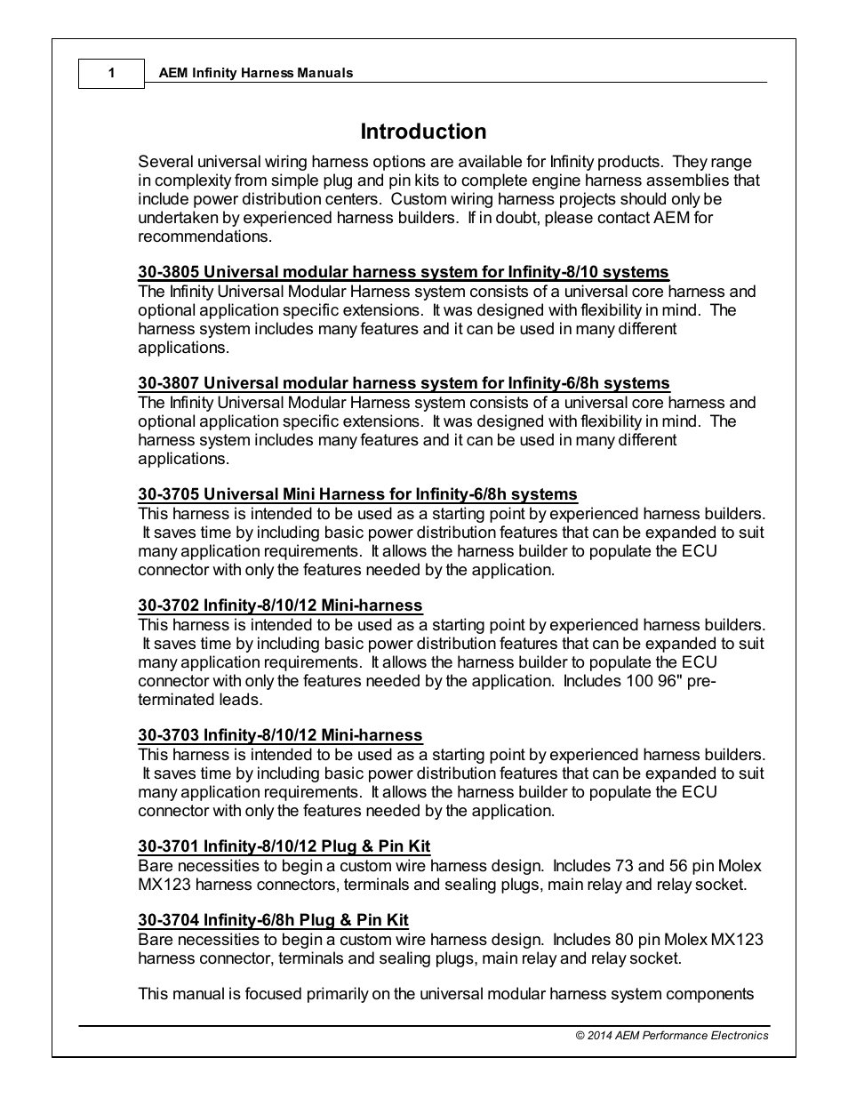 Introduction, Part i, 1introduction | AEM 30-3705 Infinity-6/8h Mini-Harness User Manual | Page 4 / 24