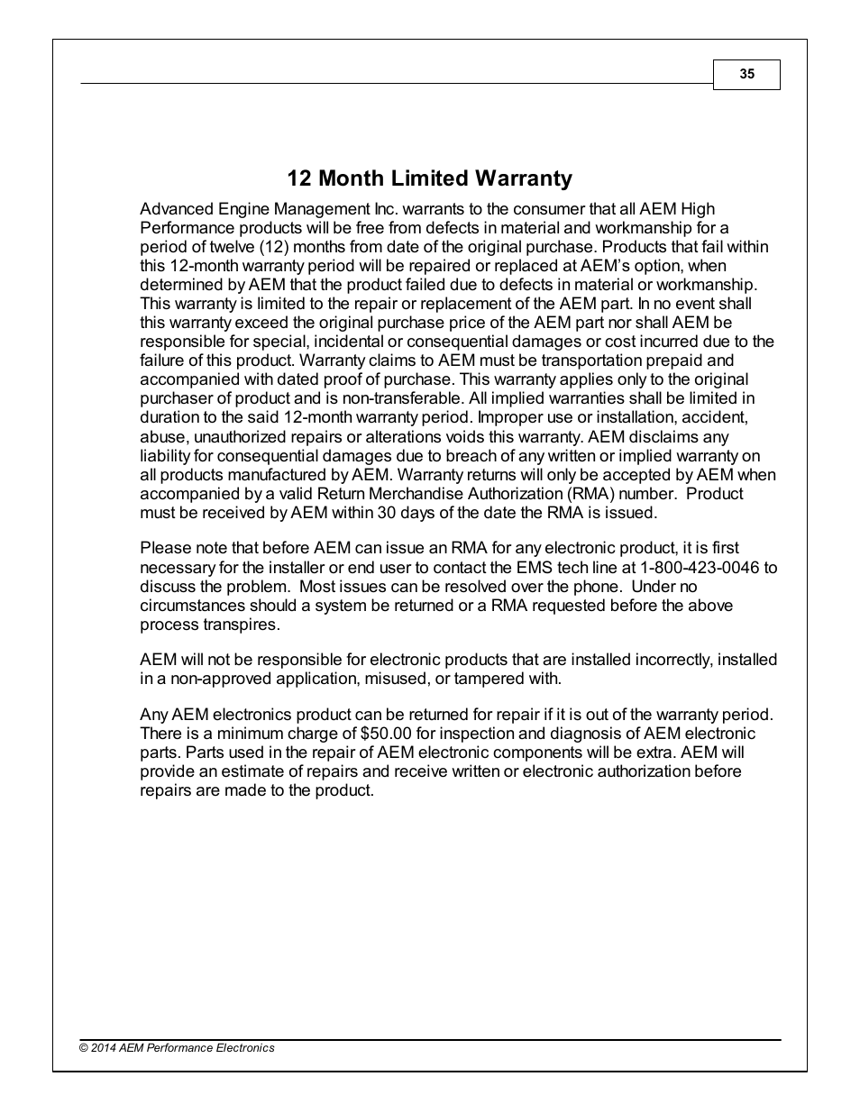 12 month limited warranty, 11 12 month limited warranty | AEM 30-3805 Universal V8 Core Harness User Manual | Page 35 / 35