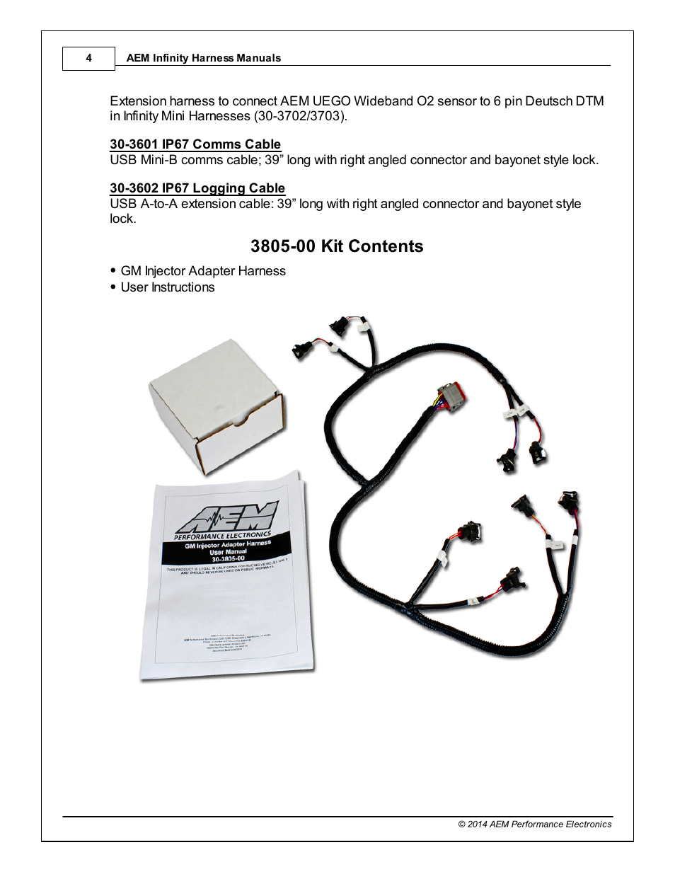 3805-00 kit contents | AEM 30-3805-00 Universal V8 Core Accessory Harness - GM Injector Adapter User Manual | Page 4 / 8