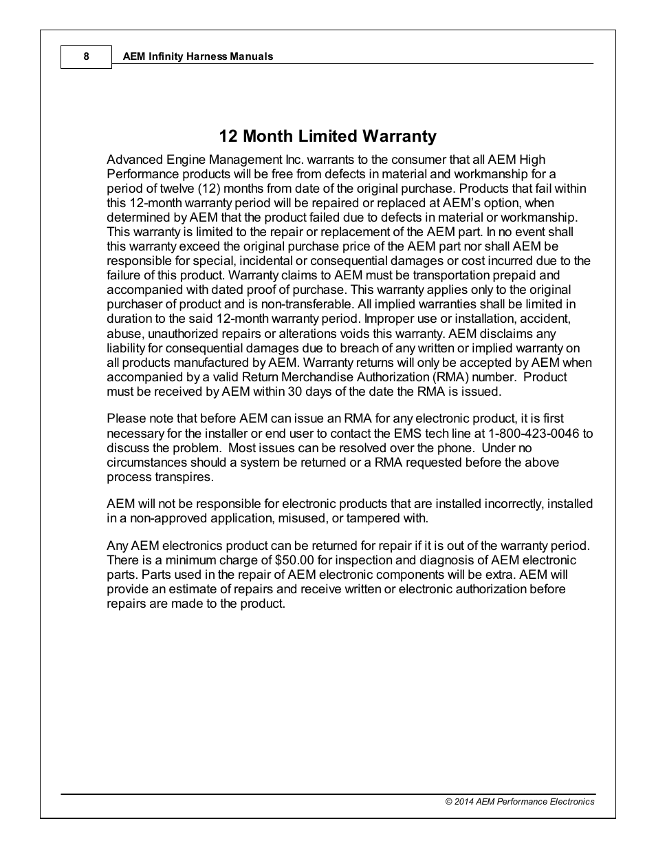 12 month limited warranty, 512 month limited warranty | AEM 30-3805-00 Universal V8 Core Accessory Harness - GM Injector Adapter User Manual | Page 8 / 8