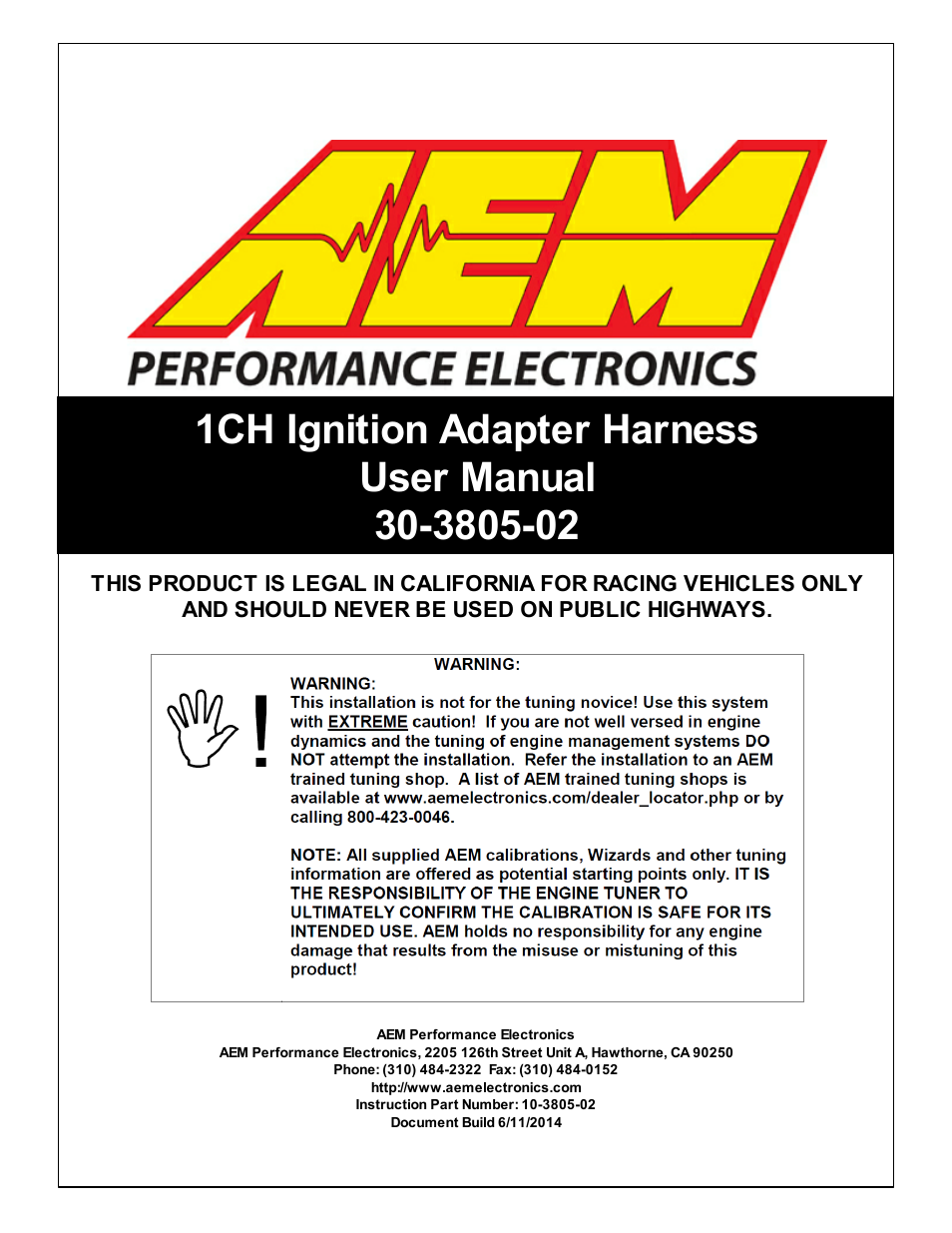 AEM 30-3805-02 Universal V8 Core Accessory Harness - Single Channel Ignition User Manual | 7 pages