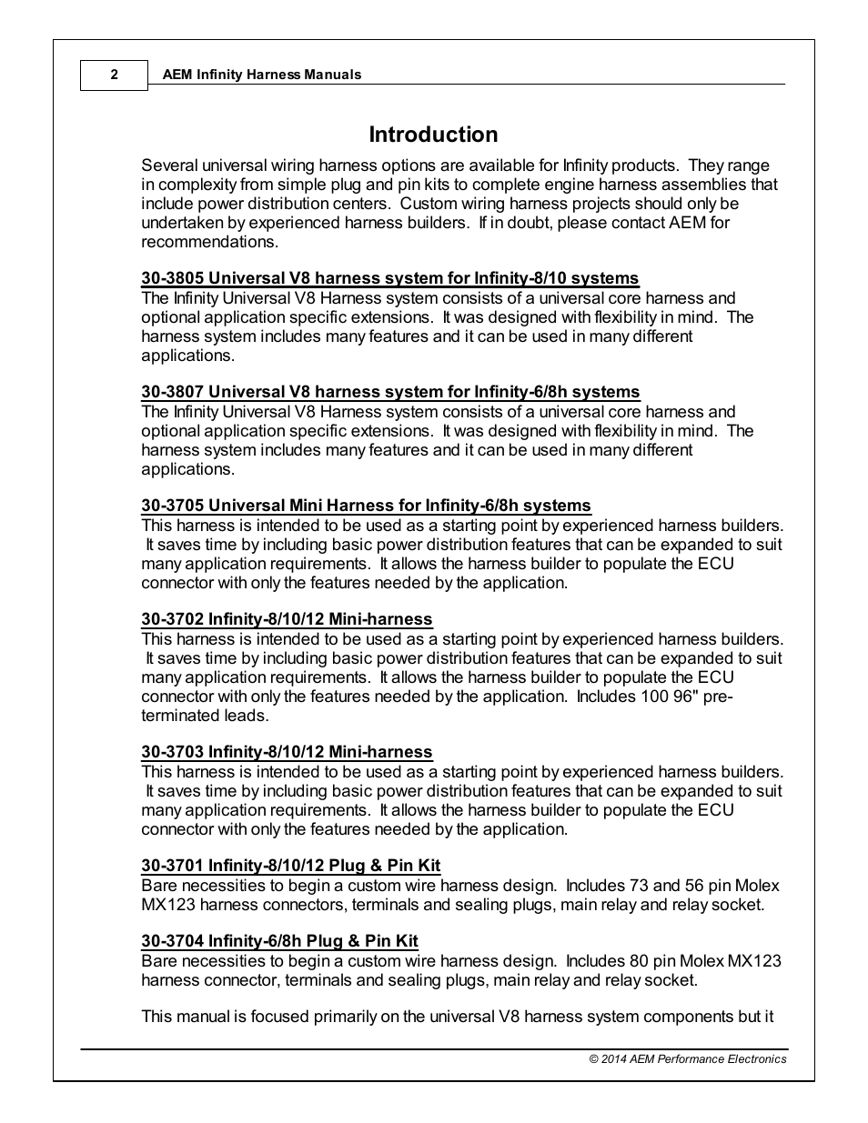 Introduction, 1introduction | AEM 30-3805-02 Universal V8 Core Accessory Harness - Single Channel Ignition User Manual | Page 2 / 7