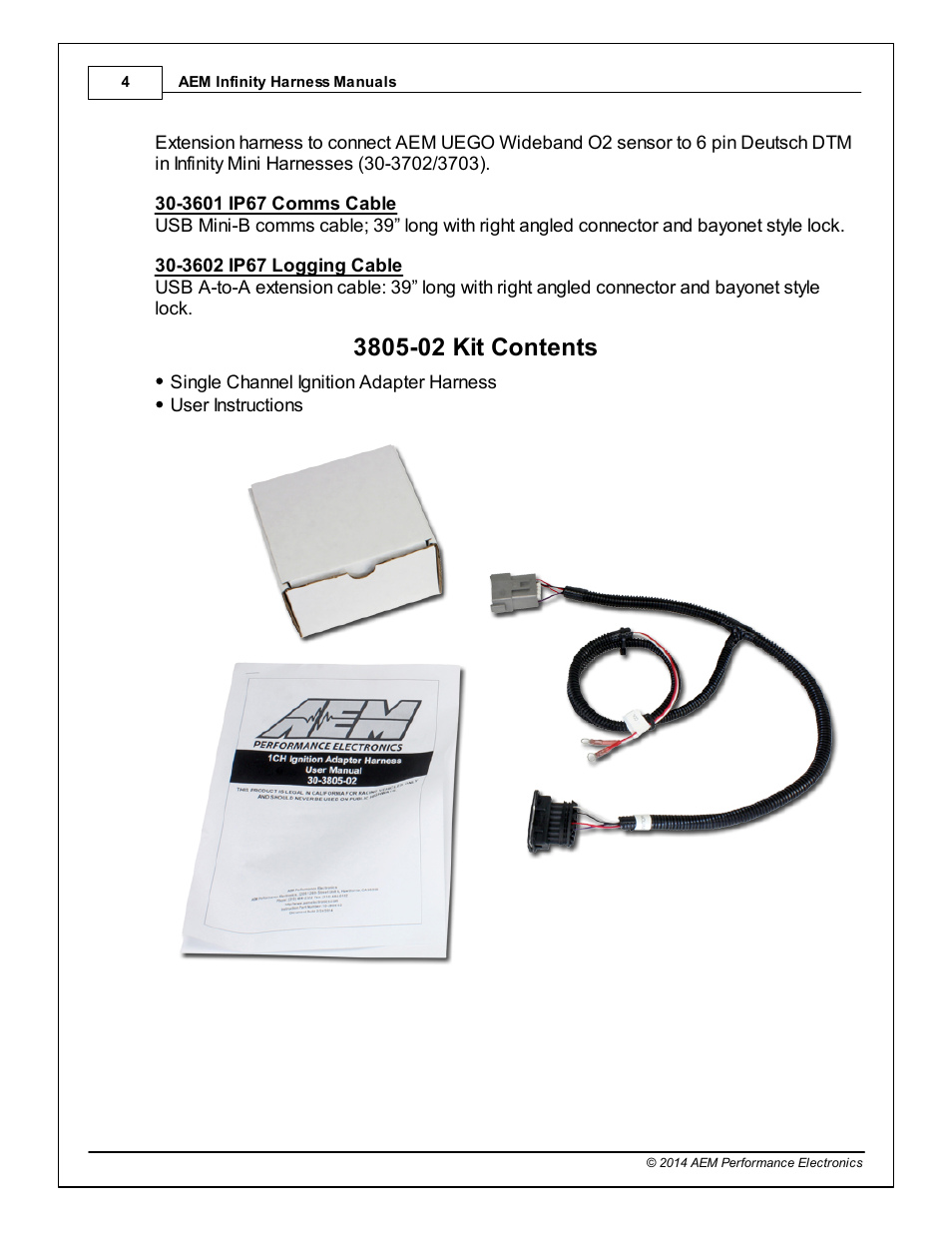 3805-02 kit contents | AEM 30-3805-02 Universal V8 Core Accessory Harness - Single Channel Ignition User Manual | Page 4 / 7