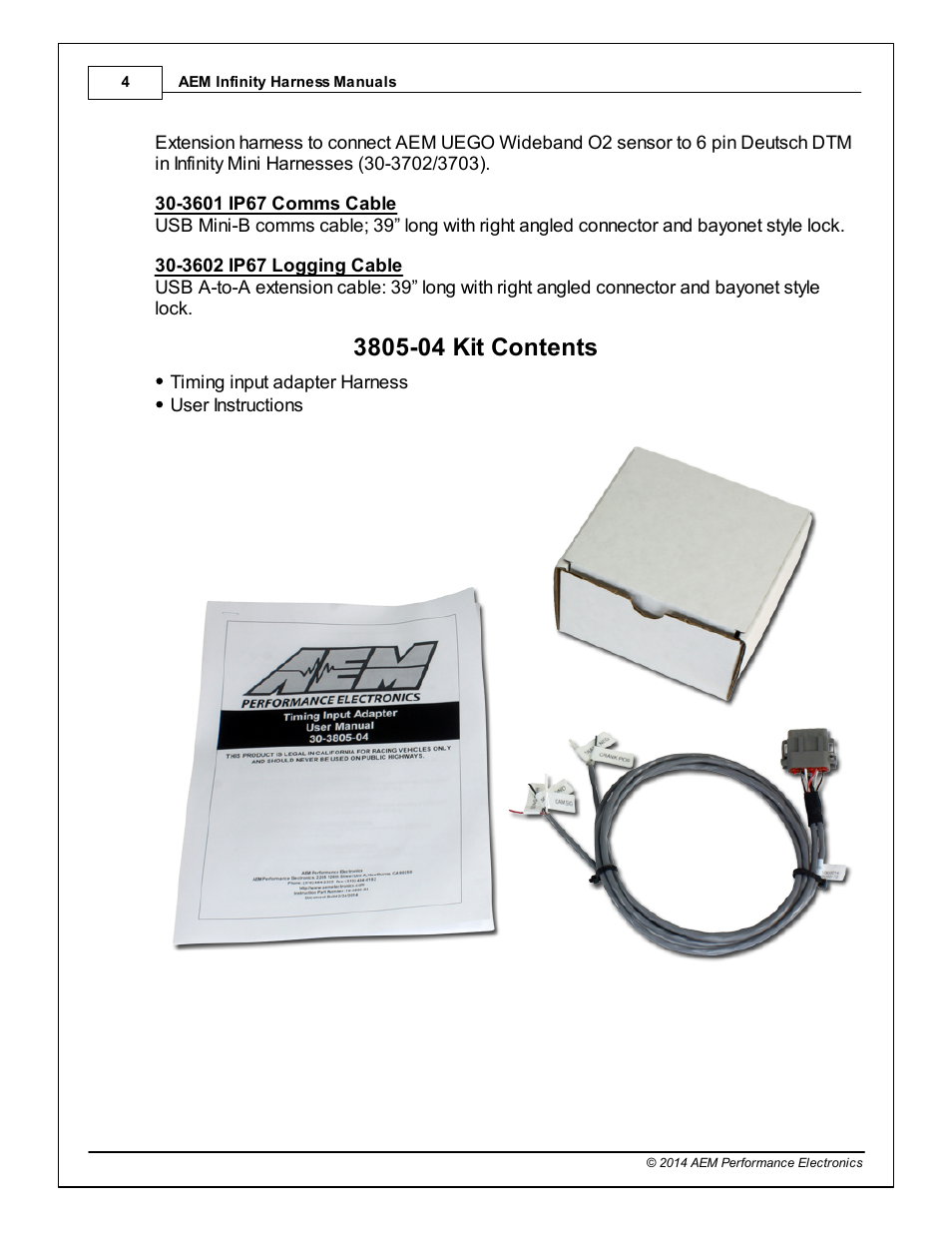 3805-04 kit contents | AEM 30-3805-04 Universal V8 Core Accessory Harness - HALL Cam/MAG Crank User Manual | Page 4 / 6