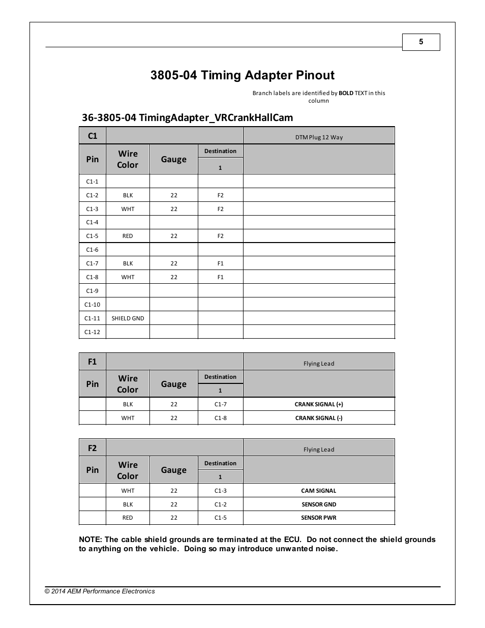 3805-04 timing adapter pinout, Pin wire color gauge | AEM 30-3805-04 Universal V8 Core Accessory Harness - HALL Cam/MAG Crank User Manual | Page 5 / 6