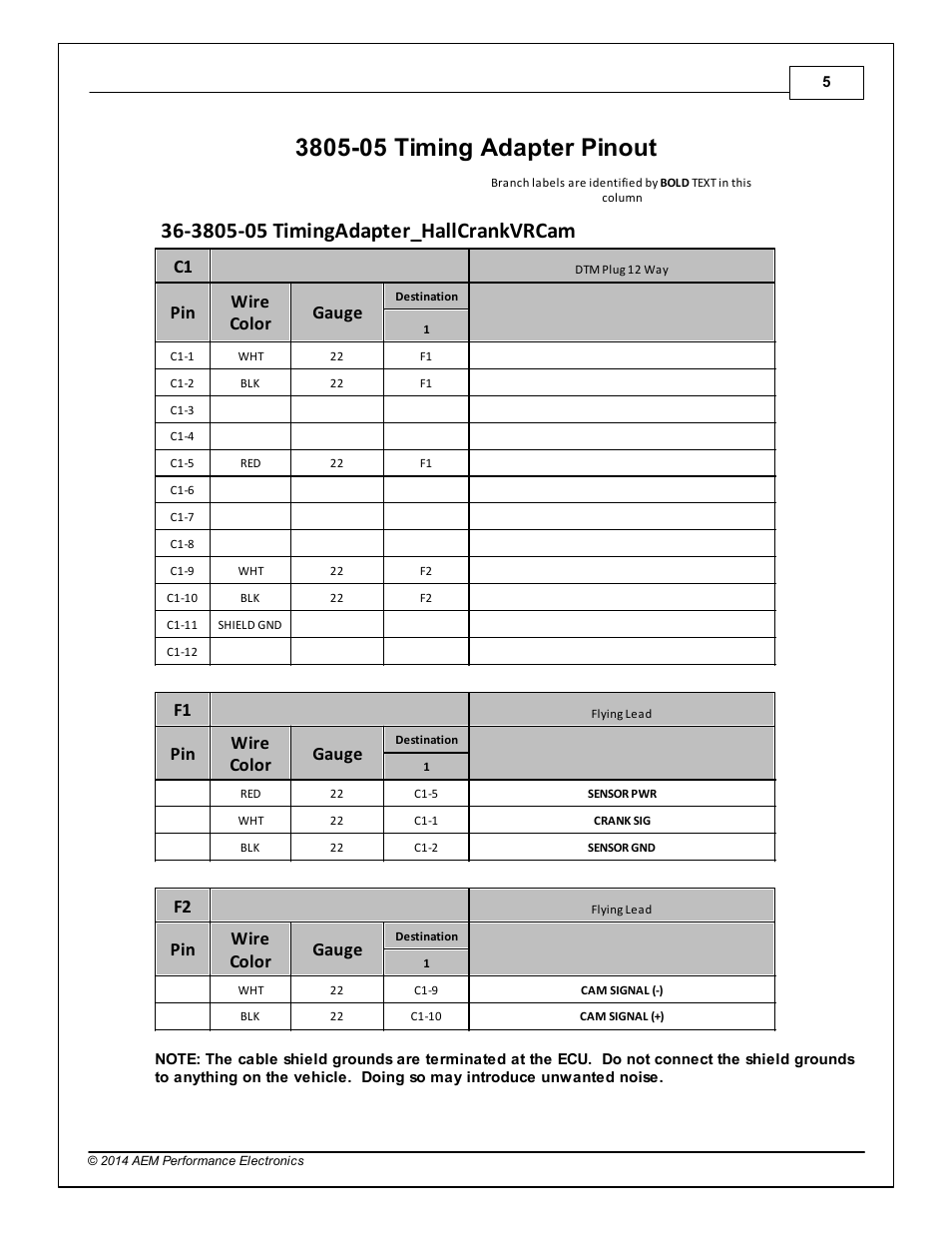 3805-05 timing adapter pinout, Pin wire color gauge | AEM 30-3805-05 Universal V8 Core Accessory Harness - MAG Cam/HALL Crank User Manual | Page 5 / 6