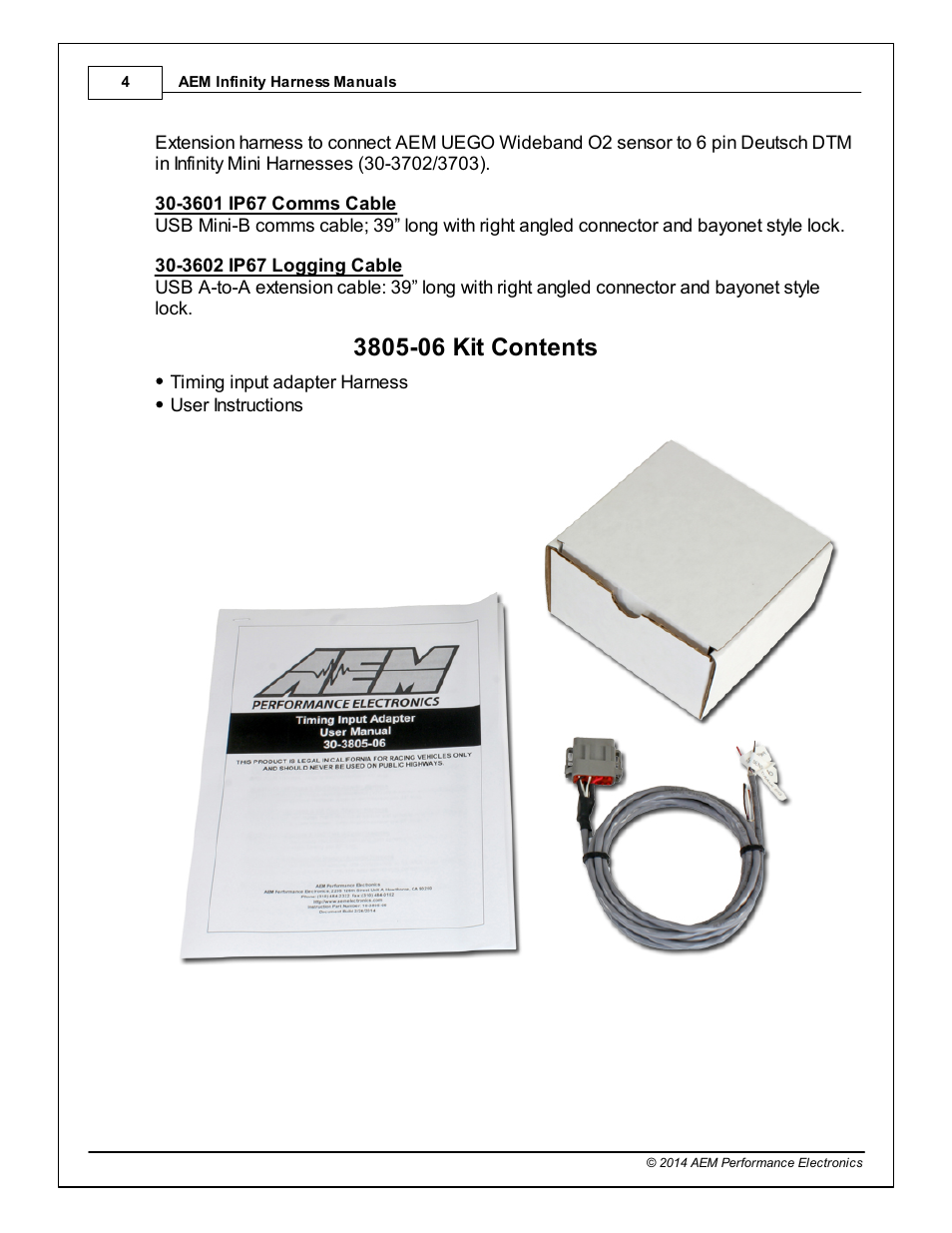 3805-06 kit contents | AEM 30-3805-06 Universal V8 Core Accessory Harness - HALL Cam/HALL Crank User Manual | Page 4 / 6