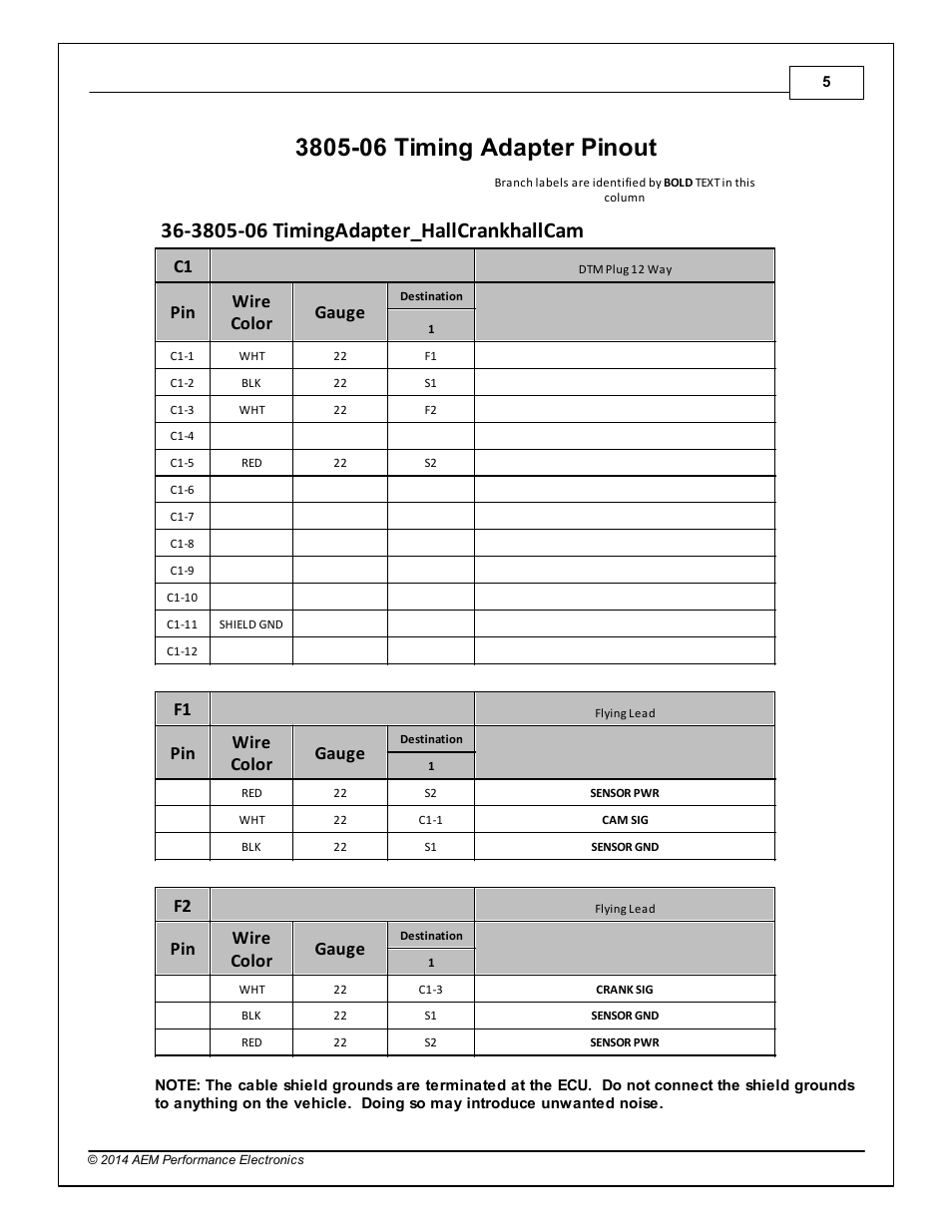 3805-06 timing adapter pinout, Pin wire color gauge | AEM 30-3805-06 Universal V8 Core Accessory Harness - HALL Cam/HALL Crank User Manual | Page 5 / 6