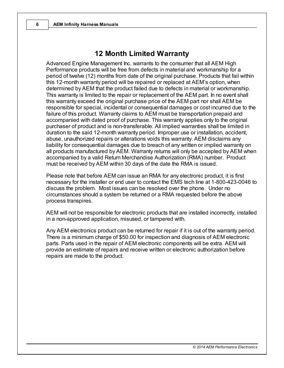 12 month limited warranty, 512 month limited warranty | AEM 30-3805-06 Universal V8 Core Accessory Harness - HALL Cam/HALL Crank User Manual | Page 6 / 6