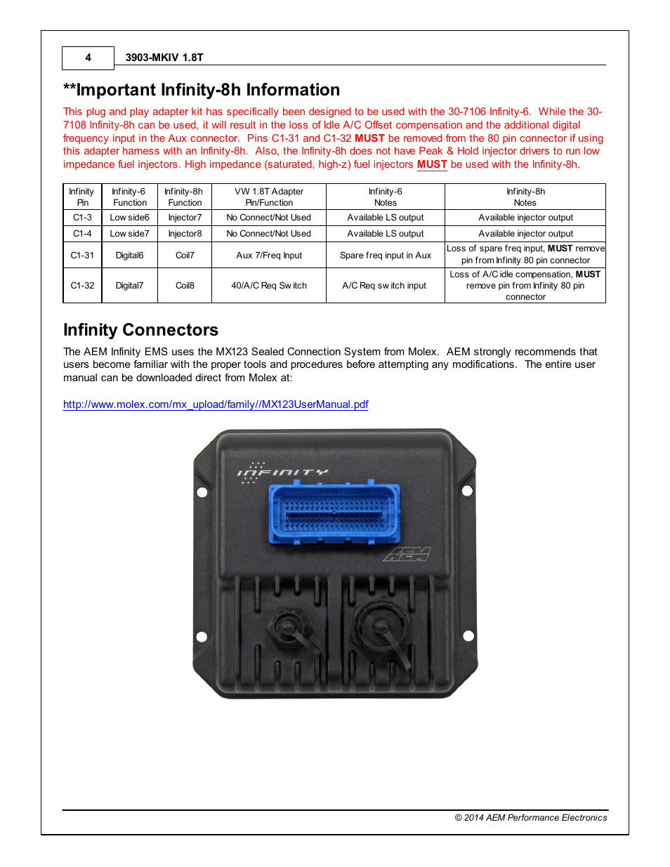 Important infinity-8h information, Infinity connectors | AEM 30-3903 Infinity Plug & Play Harnesses - Volkswagen 2002-2005 MKIV Golf/Jetta 1.8T User Manual | Page 4 / 24