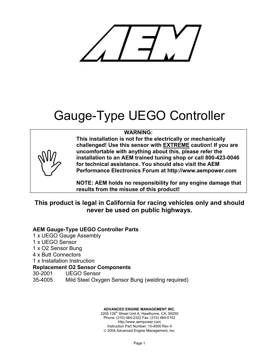 AEM 30-4100 Digital Wideband UEGO Gauge User Manual | 10 pages