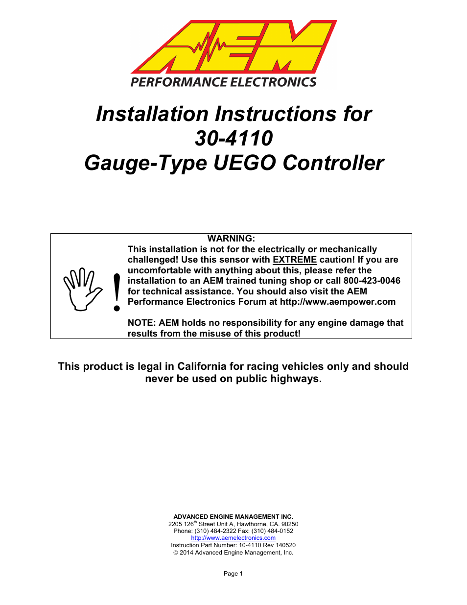 AEM 30-4110 Digital Wideband UEGO Gauge User Manual | 14 pages