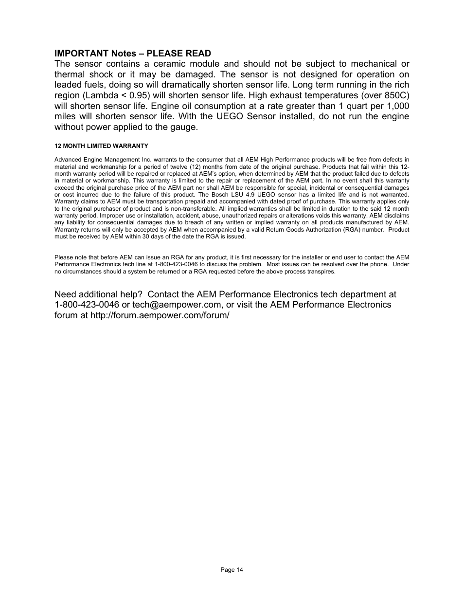 AEM 30-4110 Digital Wideband UEGO Gauge User Manual | Page 14 / 14