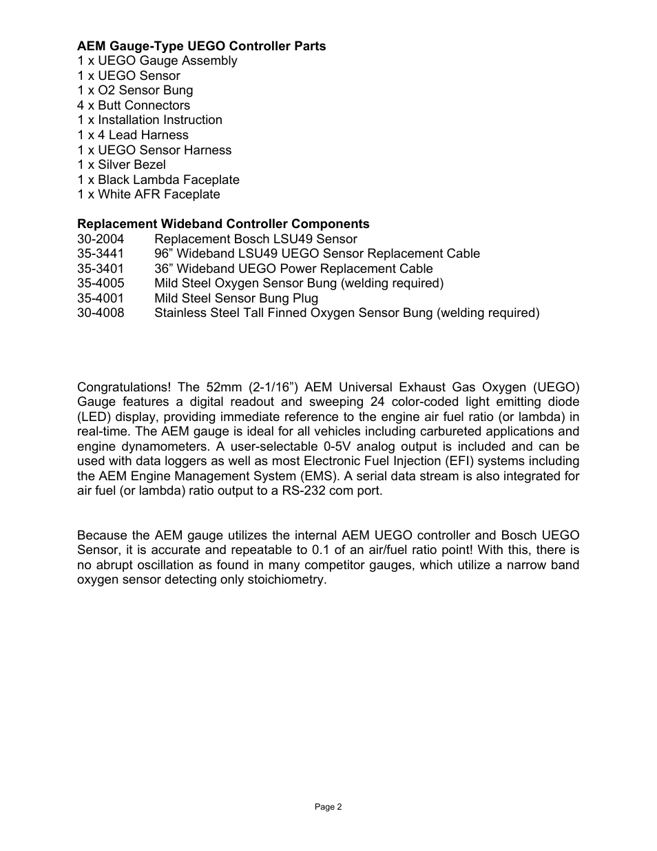 AEM 30-4110 Digital Wideband UEGO Gauge User Manual | Page 2 / 14