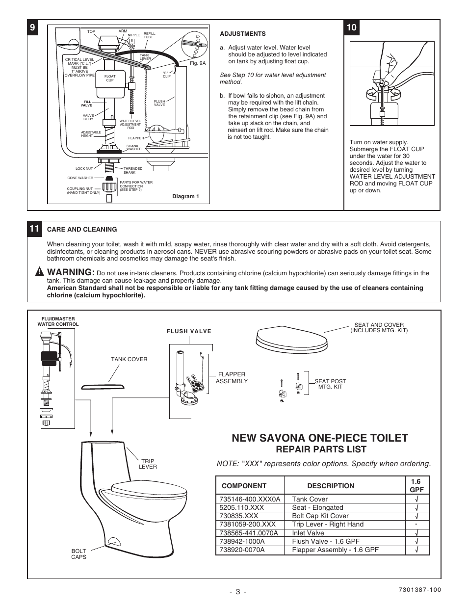 New savona one-piece toilet, Warning, Repair parts list | American Standard NEW SAVONA 2097.012 User Manual | Page 3 / 4