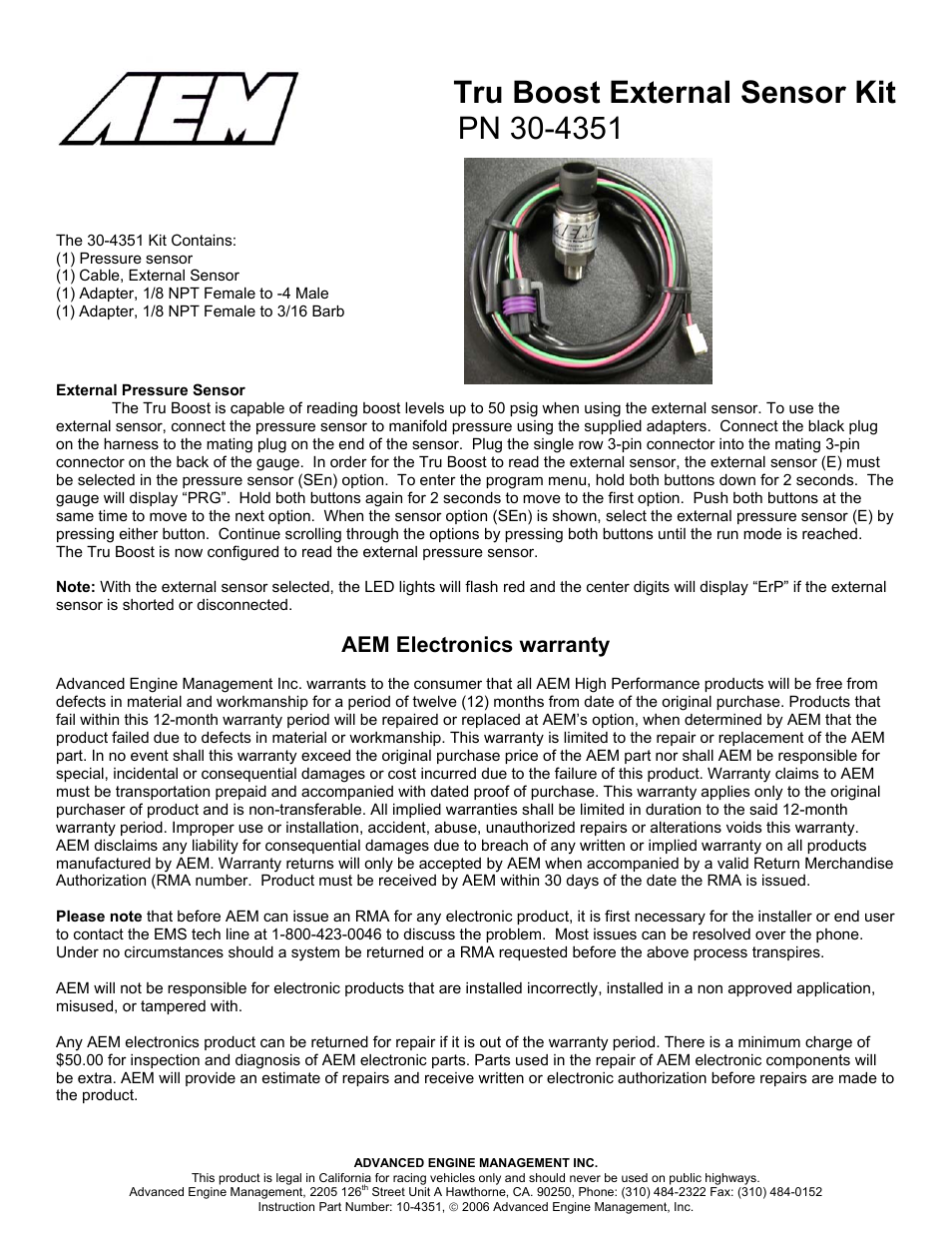 AEM 30-4351 Tru-Boost Gauge 75 PSIa or 5 Bar Map Sensor Upgrade User Manual | 1 page