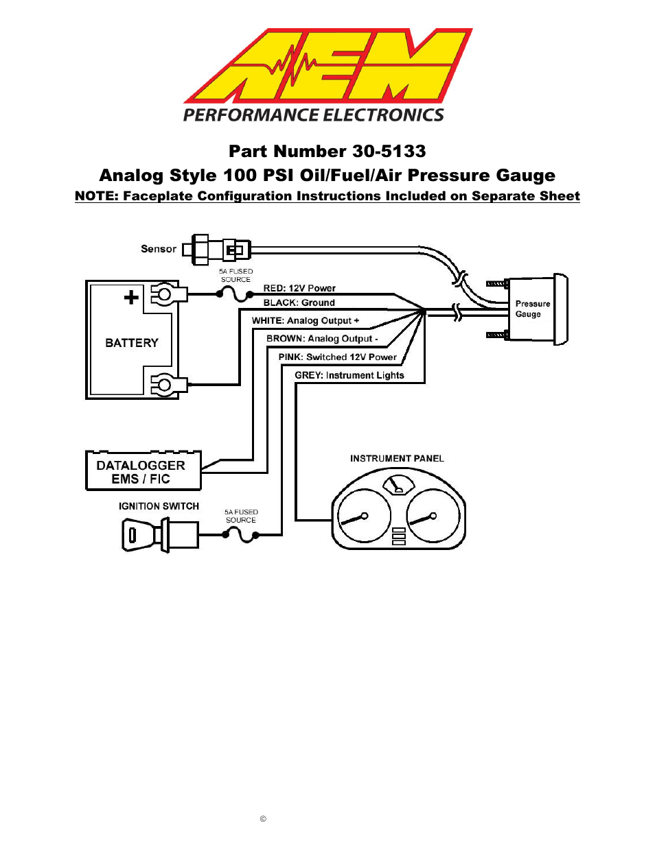 AEM 30-5135M Analog Oil Metric Pressure Gauge User Manual | 6 pages