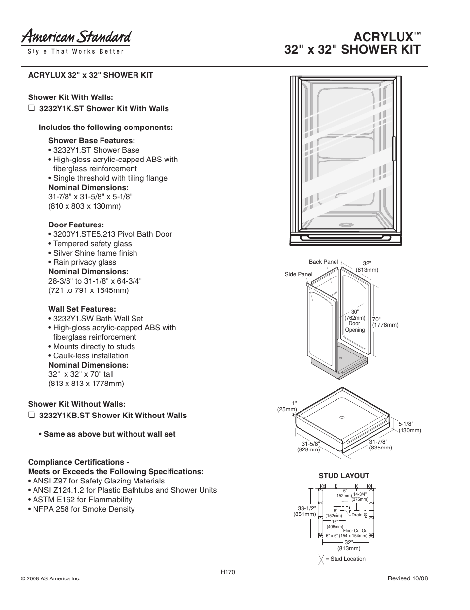 American Standard Acrylux Shower Kit 3232Y1KB.ST User Manual | 1 page