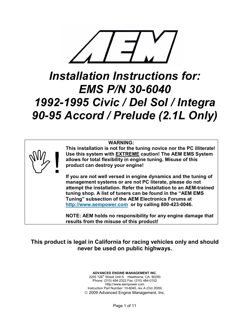 AEM 30-6040 Series 2 Plug & Play EMS User Manual | 11 pages