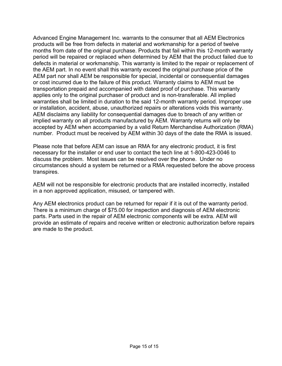 Aem electronics warranty | AEM 30-6051 Series 2 Plug & Play EMS User Manual | Page 15 / 15