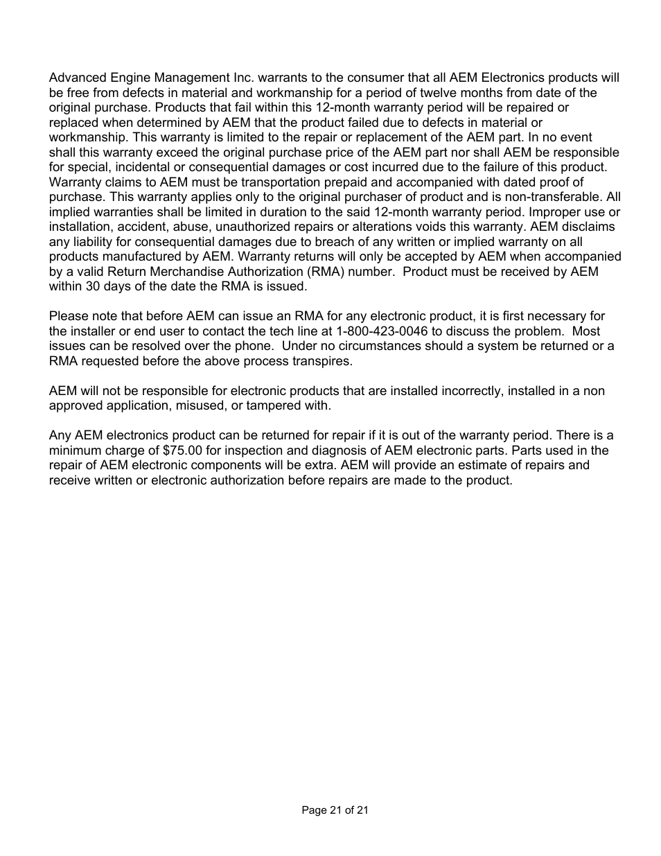 Aem electronics warranty | AEM 30-6053 Series 2 Plug & Play EMS User Manual | Page 21 / 21
