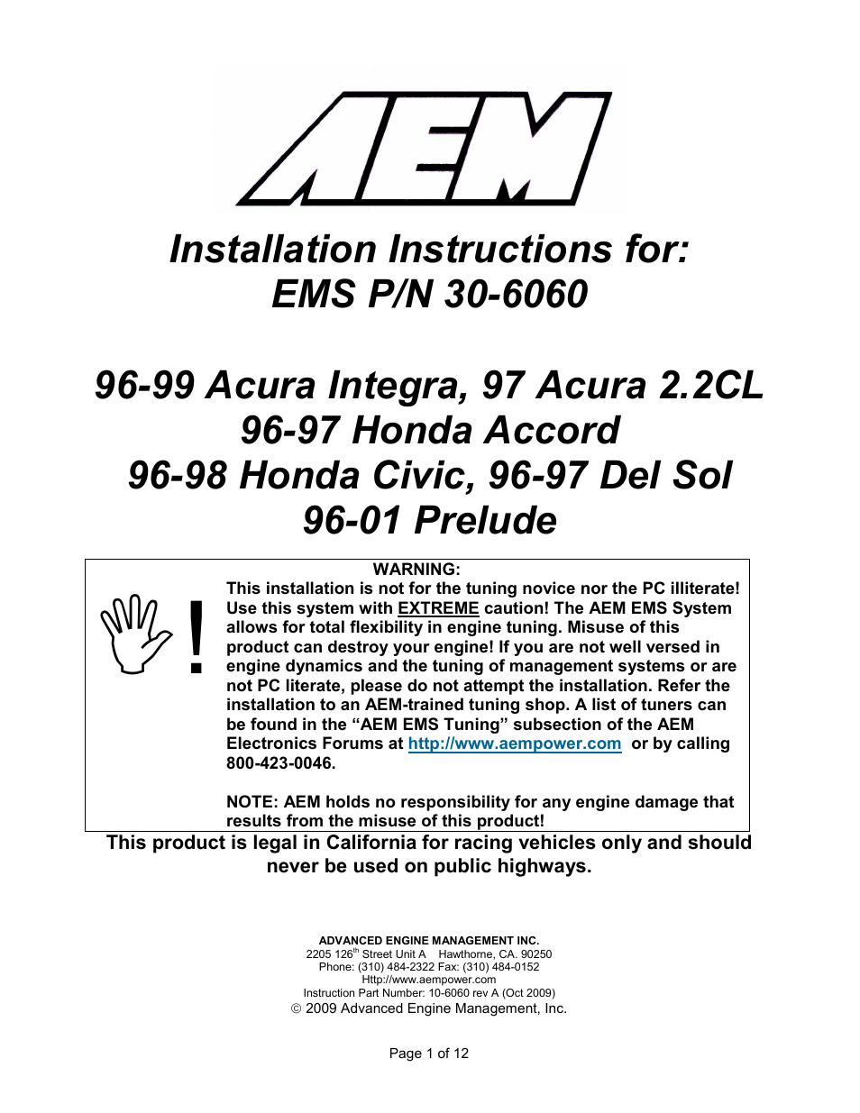 AEM 30-6060 Series 2 Plug & Play EMS User Manual | 12 pages