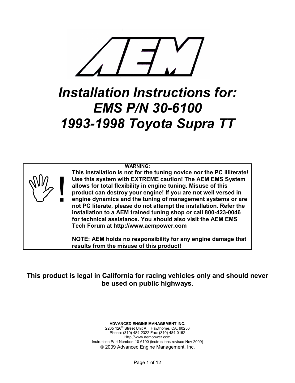 AEM 30-6100 Series 2 Plug & Play EMS User Manual | 12 pages