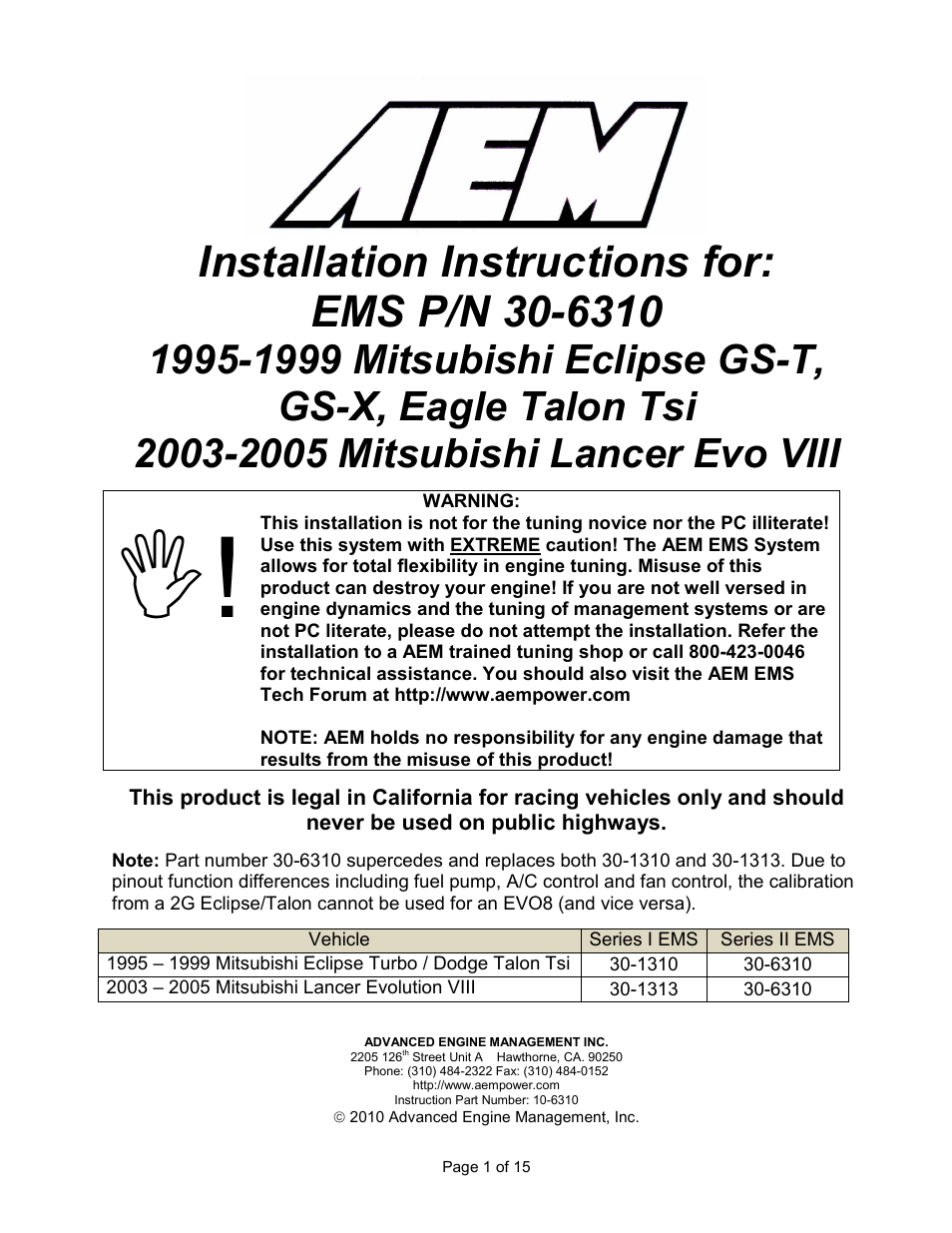 AEM 30-6310 Series 2 Plug & Play EMS User Manual | 15 pages