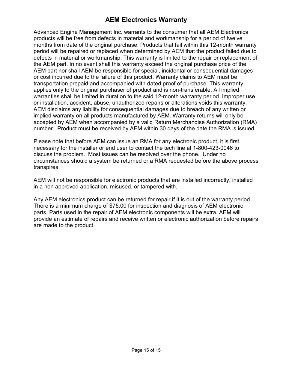 Aem electronics warranty | AEM 30-6310 Series 2 Plug & Play EMS User Manual | Page 15 / 15