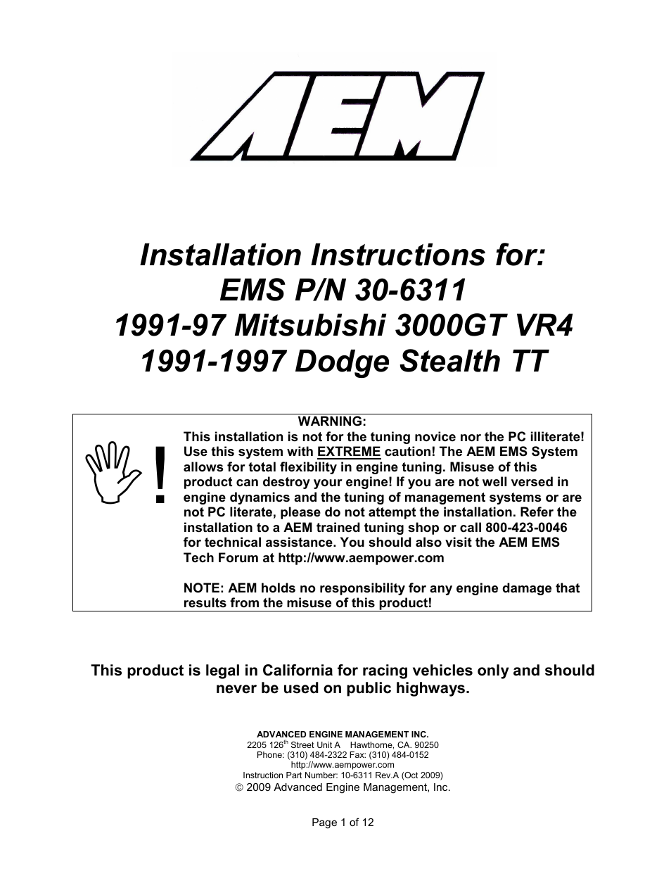 AEM 30-6311 Series 2 Plug & Play EMS User Manual | 12 pages