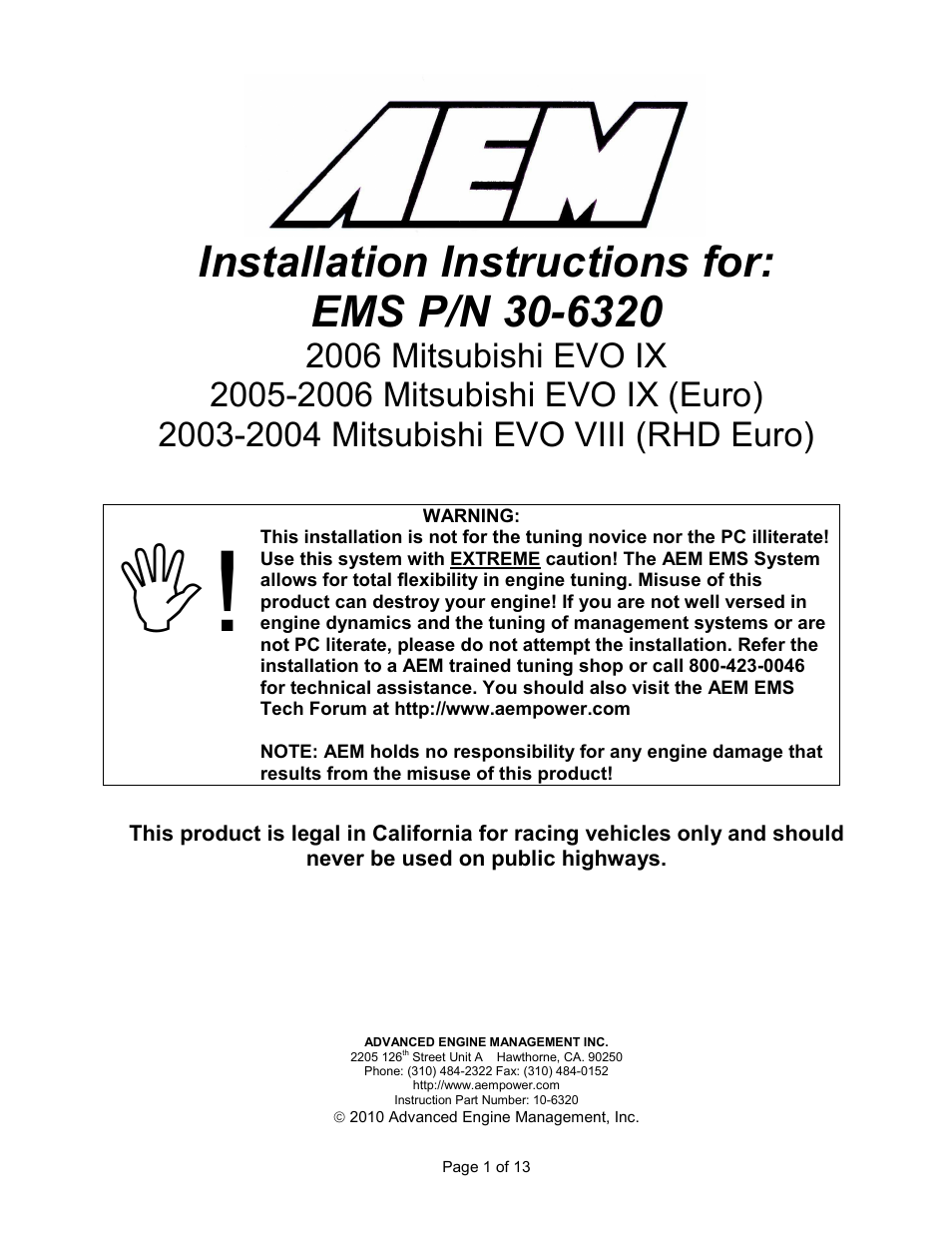 AEM 30-6320 Series 2 Plug & Play EMS User Manual | 13 pages