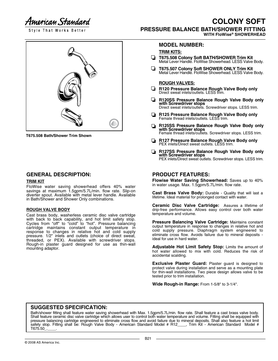 American Standard Colony Soft T675.508 User Manual | 2 pages