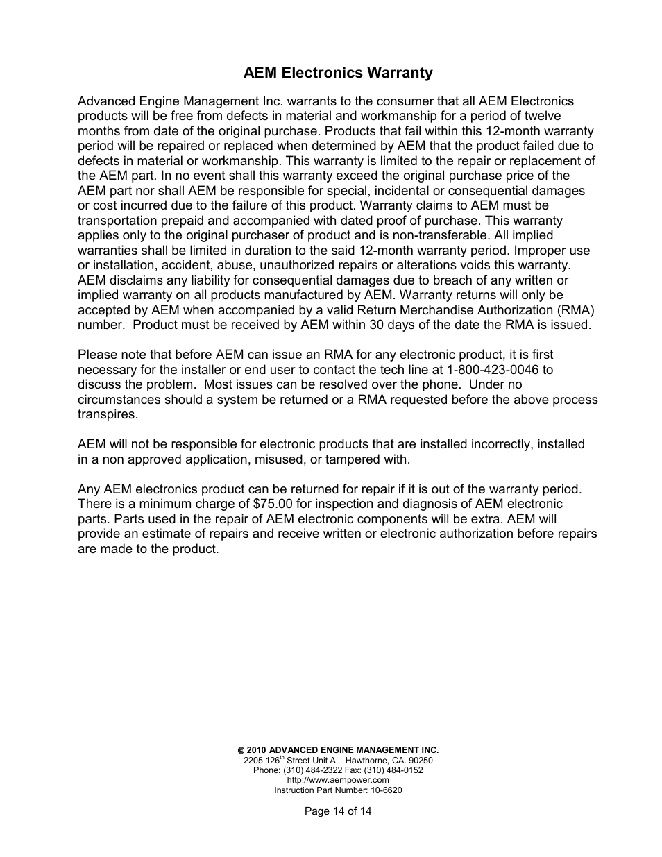 Aem electronics warranty | AEM 30-6620 Series 2 Plug & Play EMS User Manual | Page 14 / 14