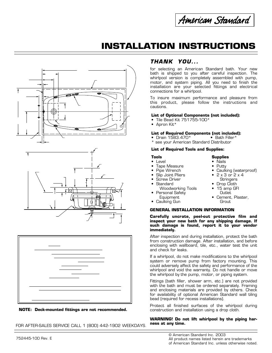 American Standard Whirlpool/Bathing Pool 2675 Series User Manual | 4 pages