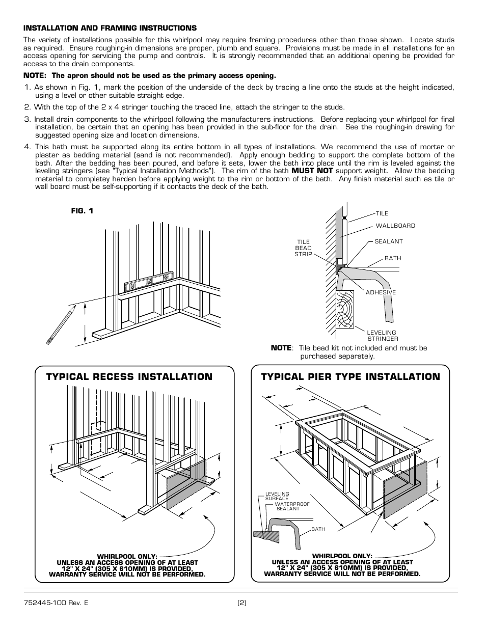 Typical recess installation, Typical pier type installation | American Standard Whirlpool/Bathing Pool 2675 Series User Manual | Page 2 / 4