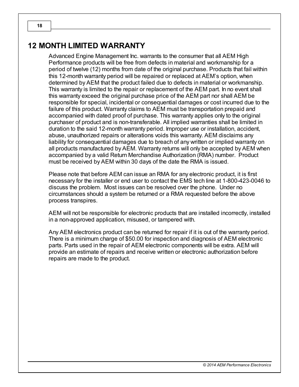 12 month limited warranty | AEM Infinity Supported Applications - Honda H-Series Engine User Manual | Page 18 / 18