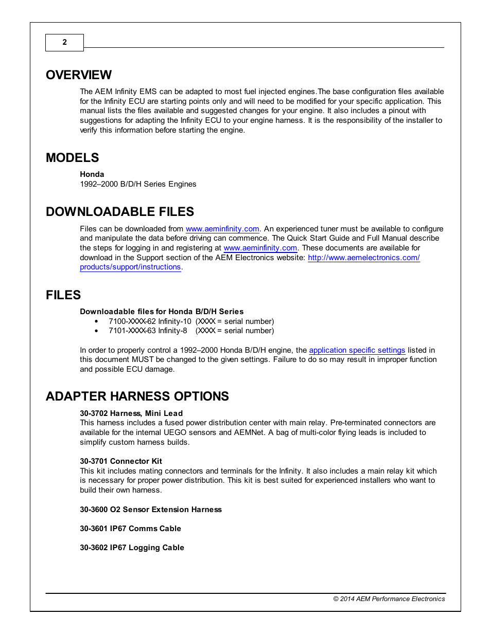 Overview, Models, Downloadable files | Files, Adapter harness options | AEM Infinity Supported Applications - Honda H-Series Engine User Manual | Page 2 / 18