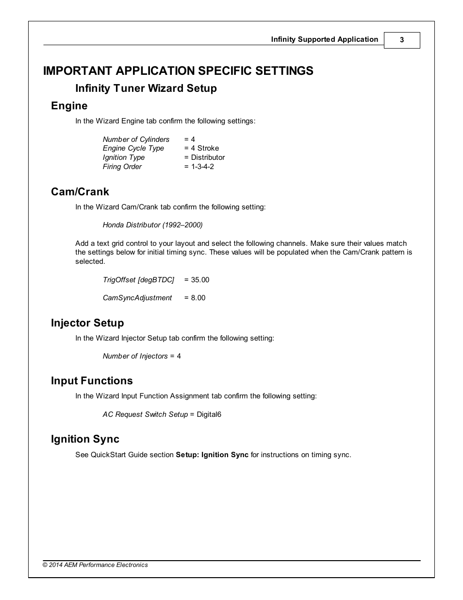 Important application specific settings, Engine, Cam/crank | Injector setup, Input functions, Ignition sync, Infinity tuner wizard setup engine | AEM Infinity Supported Applications - Honda H-Series Engine User Manual | Page 3 / 18