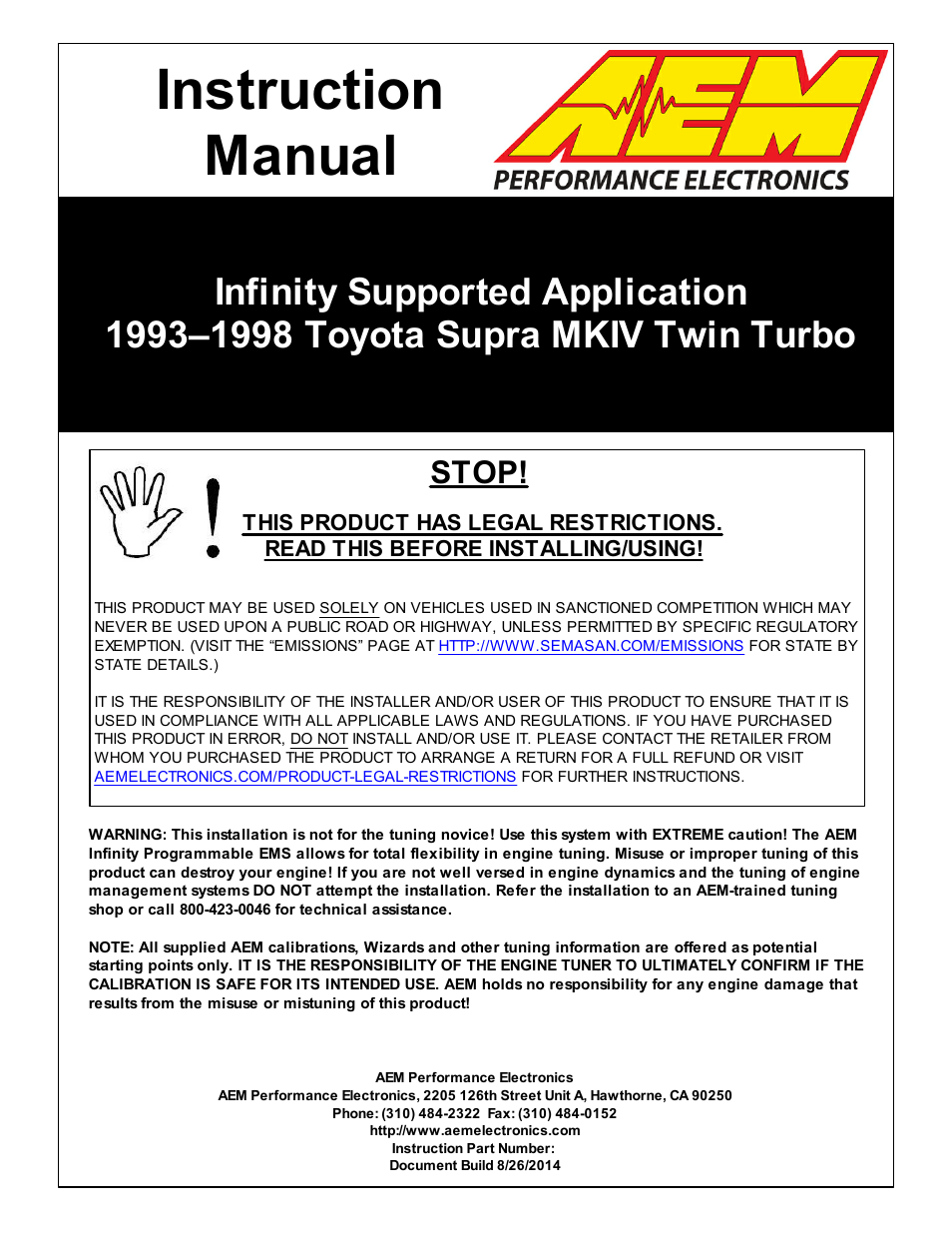 AEM Infinity Supported Applications - Toyota 1993-1997 Supra Turbo User Manual | 19 pages