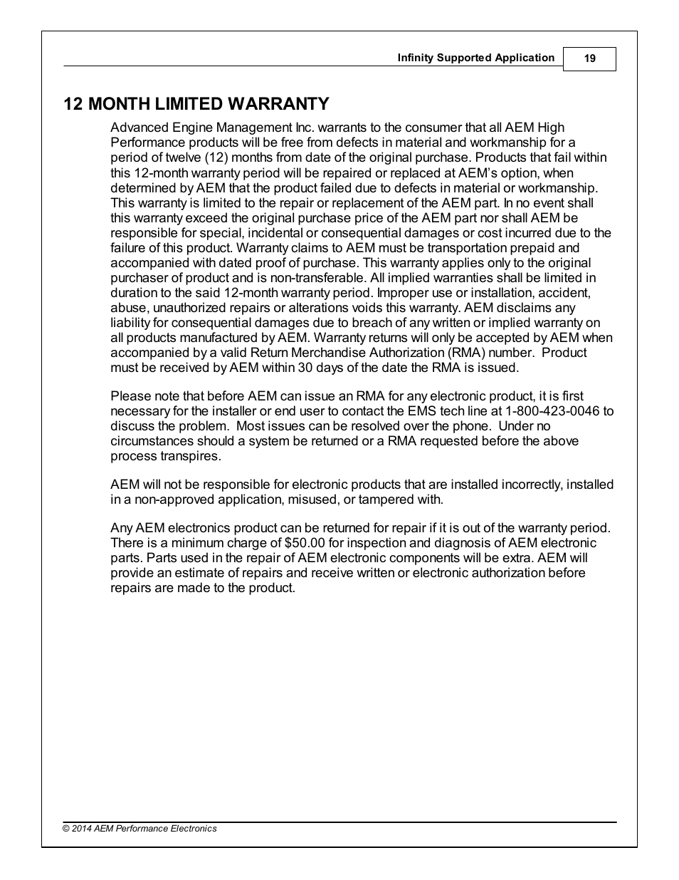 12 month limited warranty | AEM Infinity Supported Applications - Toyota 1993-1997 Supra Turbo User Manual | Page 19 / 19
