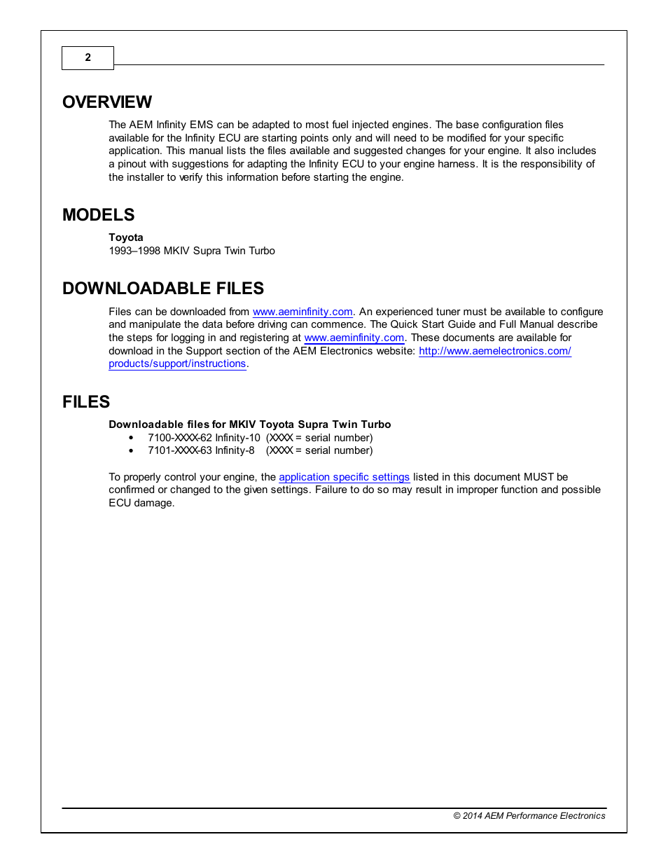 Overview, Models, Downloadable files | Files | AEM Infinity Supported Applications - Toyota 1993-1997 Supra Turbo User Manual | Page 2 / 19