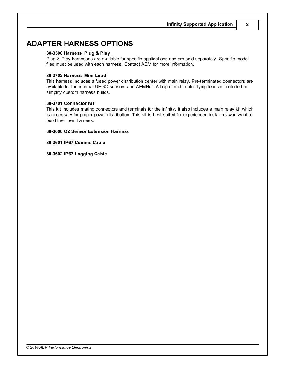 Adapter harness options | AEM Infinity Supported Applications - Toyota 1993-1997 Supra Turbo User Manual | Page 3 / 19