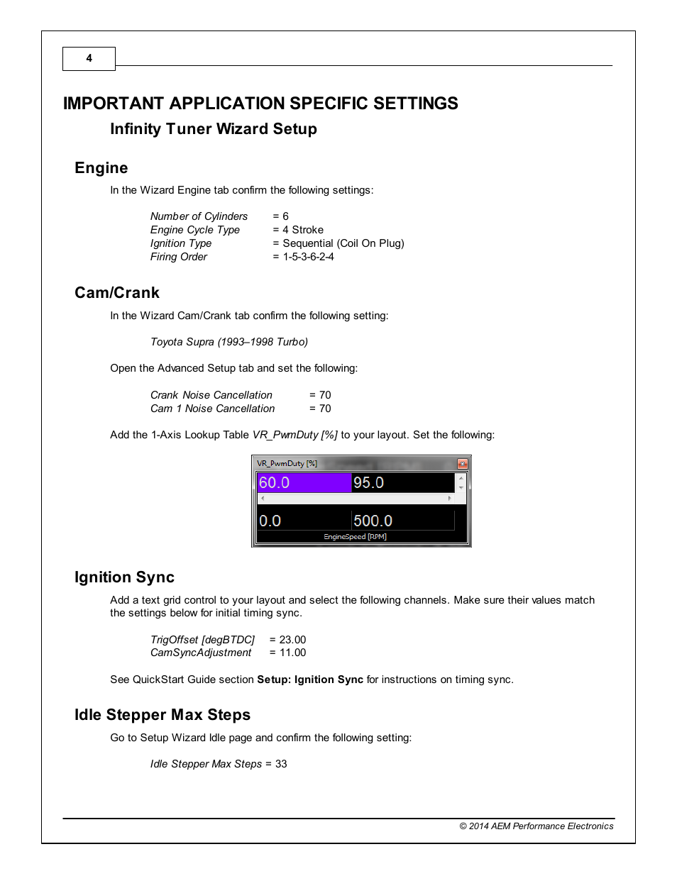 Important application specific settings, Engine, Cam/crank | Ignition sync, Idle stepper max steps, Infinity tuner wizard setup engine | AEM Infinity Supported Applications - Toyota 1993-1997 Supra Turbo User Manual | Page 4 / 19