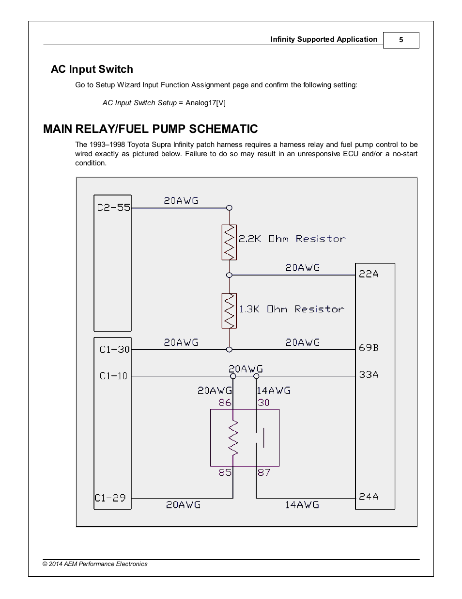 Ac input switch, Main relay/fuel pump schematic | AEM Infinity Supported Applications - Toyota 1993-1997 Supra Turbo User Manual | Page 5 / 19