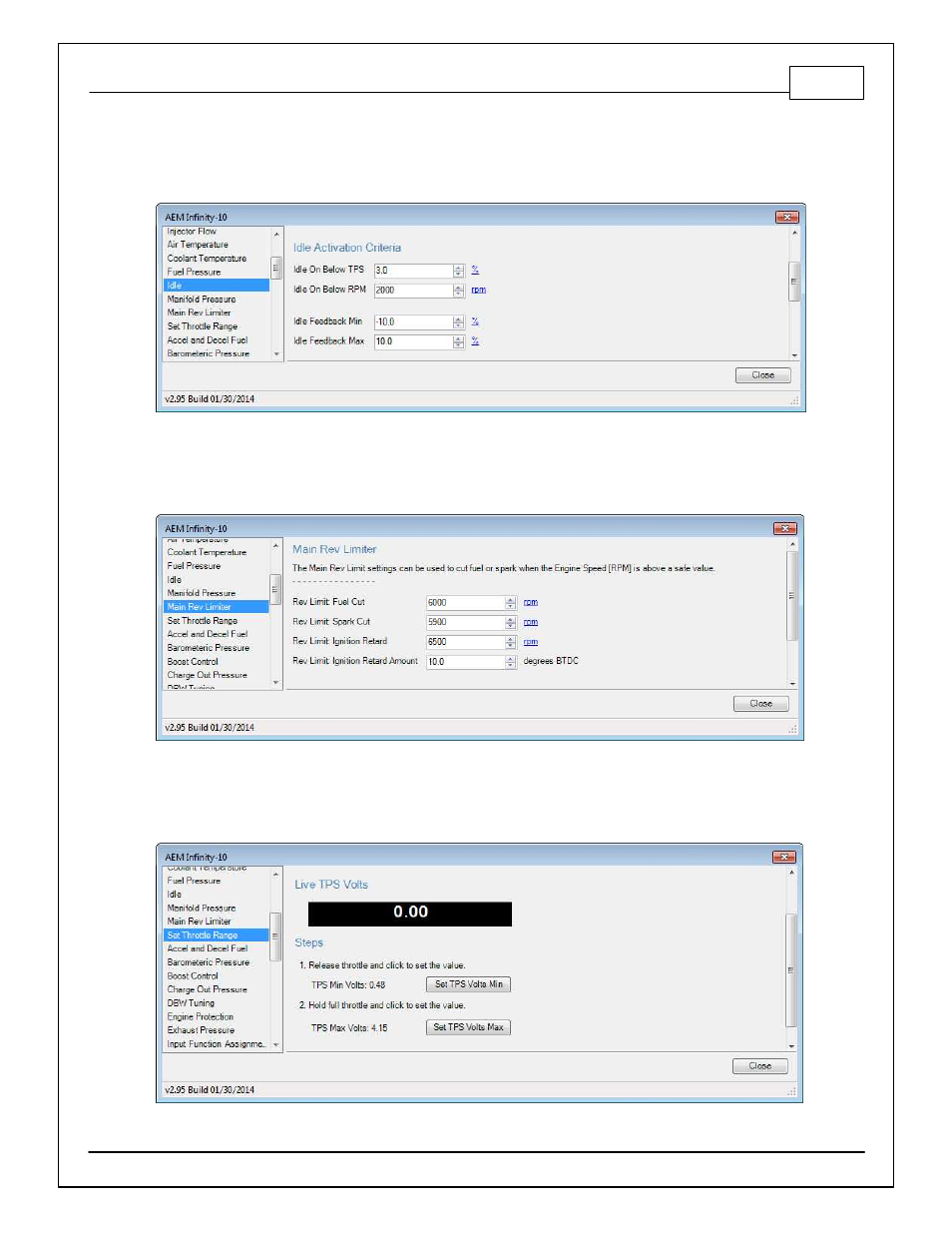 Idle, Main rev limiter, Set throttle range | AEM Infinity Supported Applications - Universal V8 Engine User Manual | Page 33 / 46