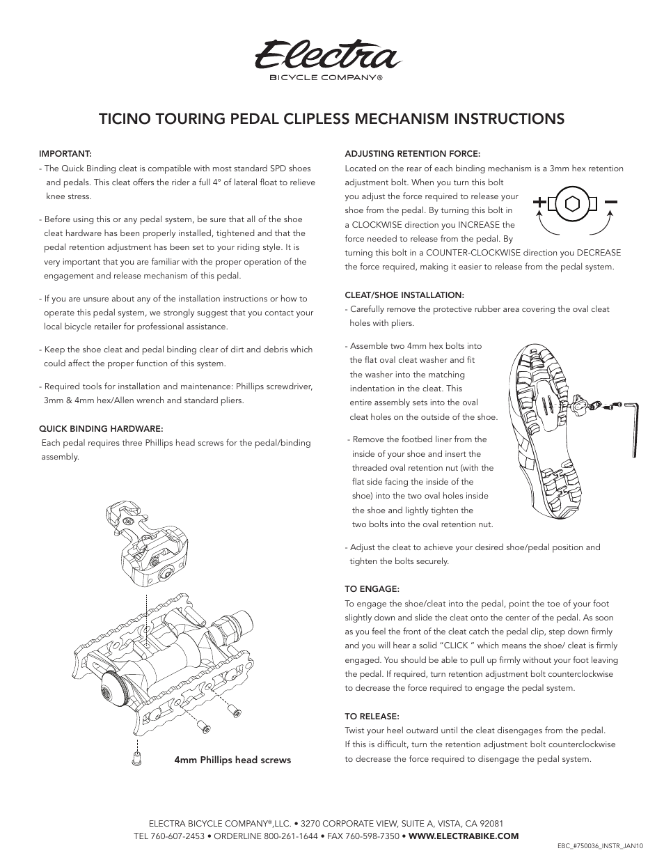 Electra Ticino Touring Pedal Clipless Mechanism User Manual | 1 page