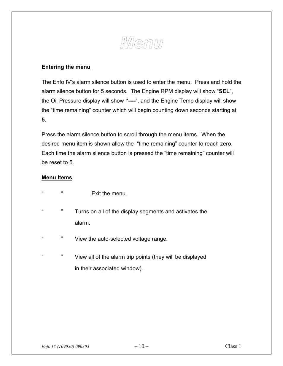 Test, Batt, Alar | Class1 ENFO IV User Manual | Page 10 / 10