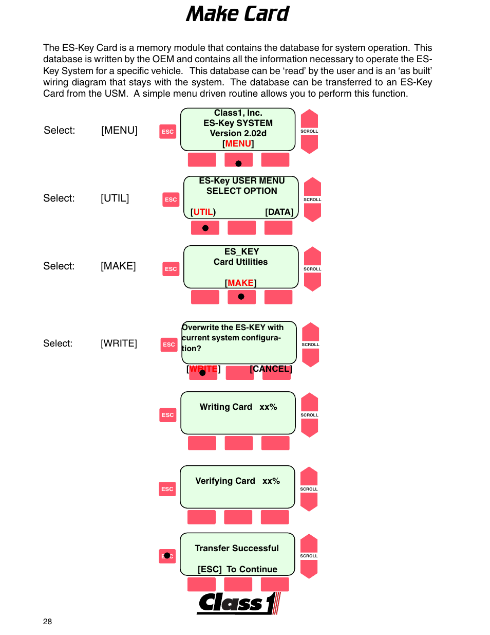 Usm 103383, Make card, Select: [menu] select: [util] select: [make | Class1 ES-Key-USM User Manual | Page 28 / 30