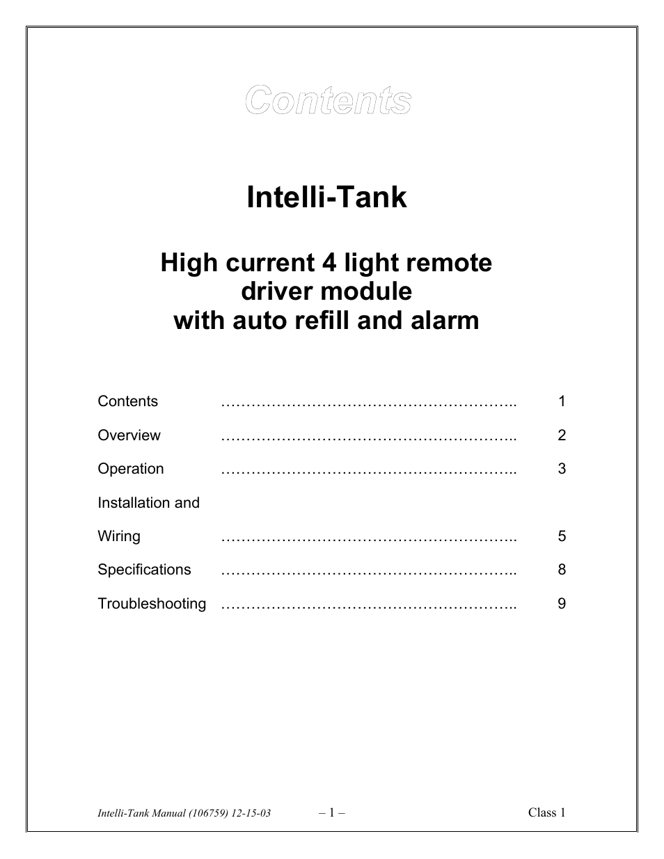 Class1 Intelli Tank 4 light driver module User Manual | 9 pages