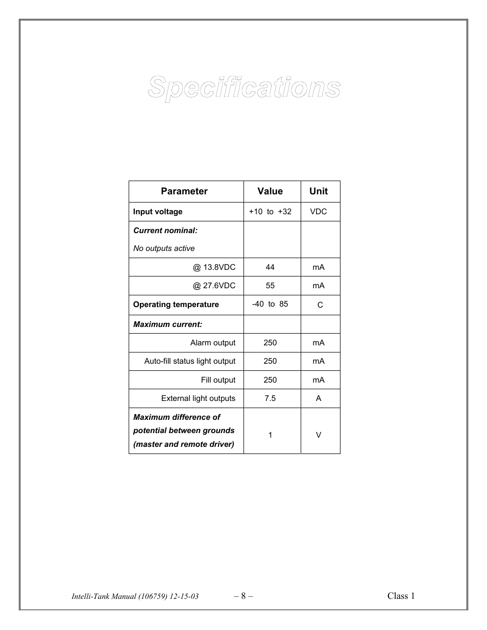 Specifications | Class1 Intelli Tank 4 light driver module User Manual | Page 8 / 9